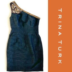 Trina Turk Beaded Black Cocktail Dress Asymmetric 6